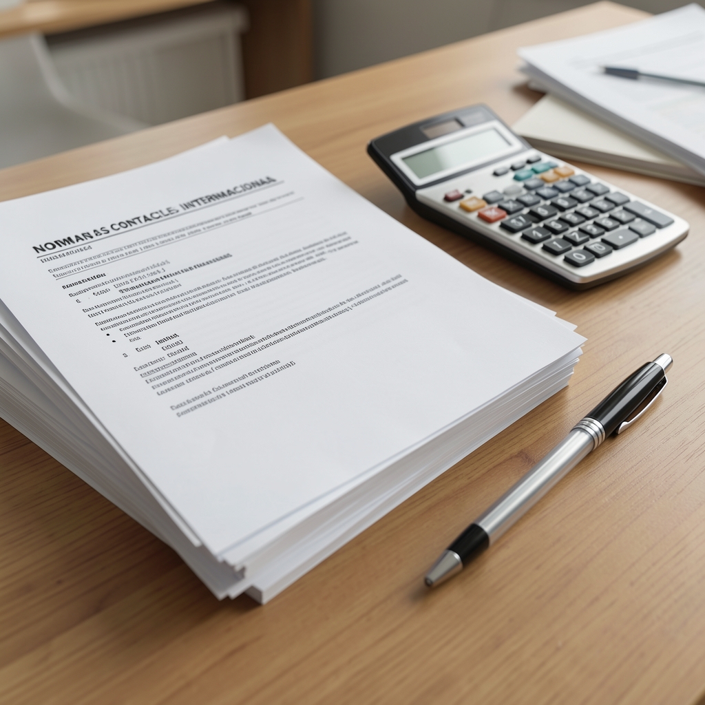 Documentos impresos de normas contables internacionales apilados junto a una calculadora y una lapicera sobre un escritorio