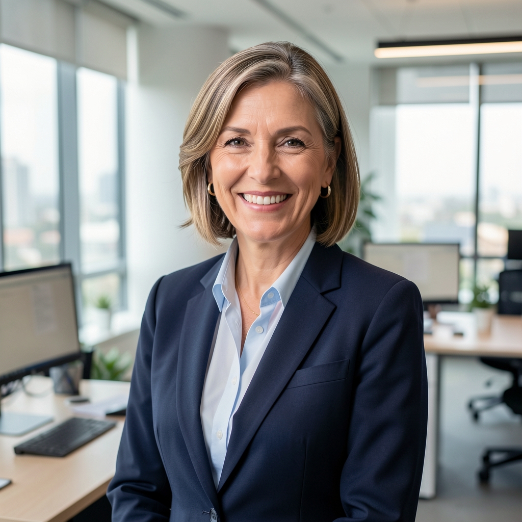 Retrato profesional de mujer contadora senior sonriendo en una oficina moderna