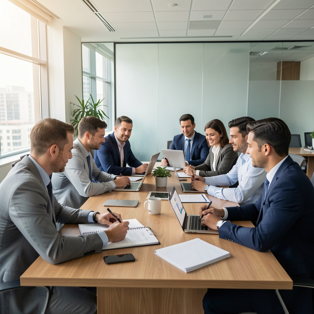 Equipo de contadores y analistas financieros reunidos alrededor de una mesa revisando informes en una sala de juntas moderna
