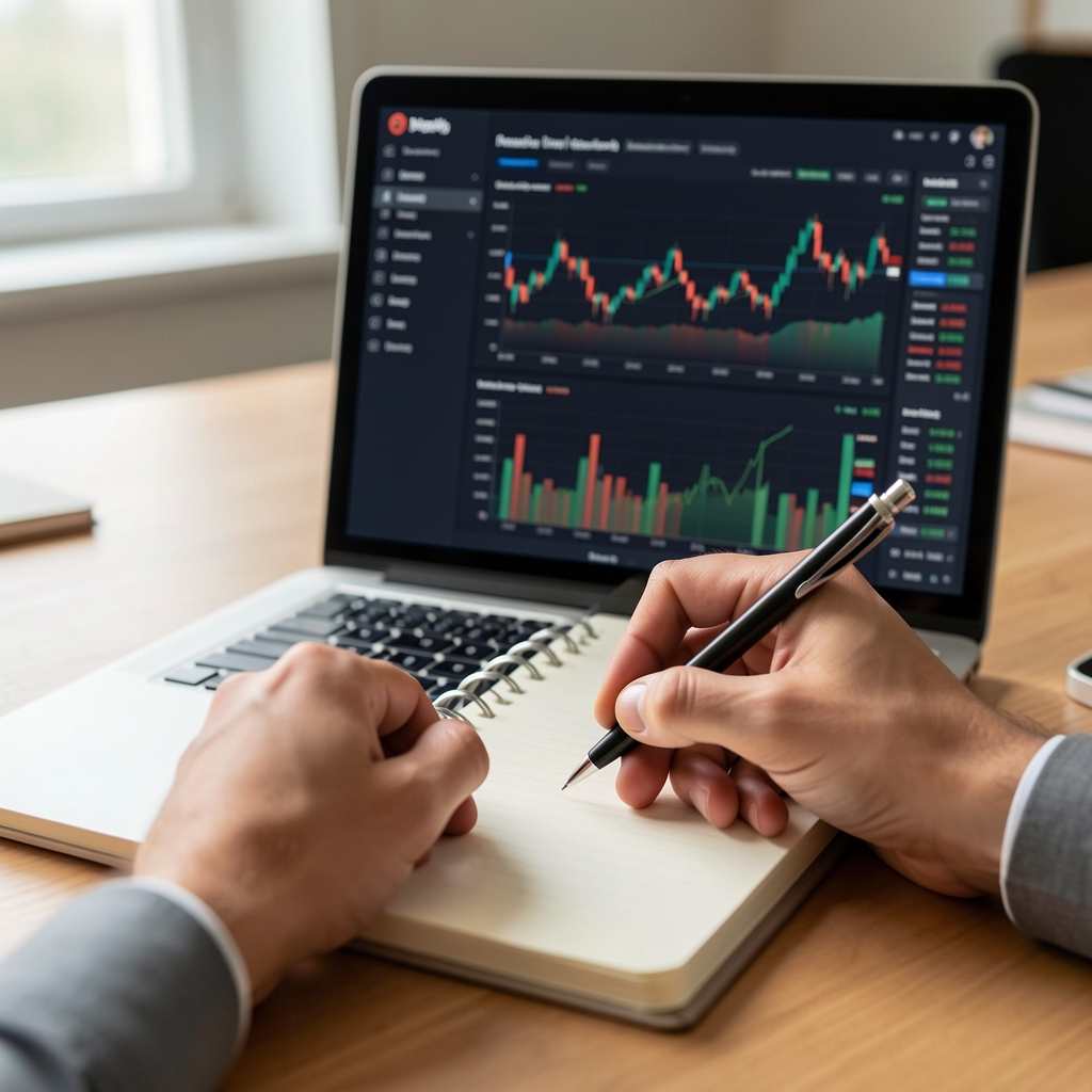 Primer plano de manos escribiendo en una notebook con una interfaz de análisis de datos financieros en la pantalla
