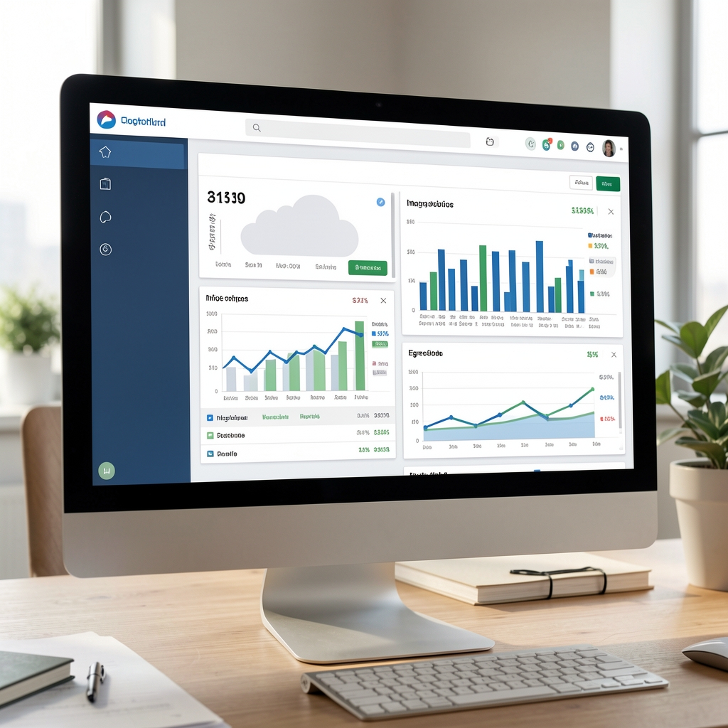 Pantalla de computadora mostrando un software de contabilidad en la nube con gráficos de ingresos y egresos