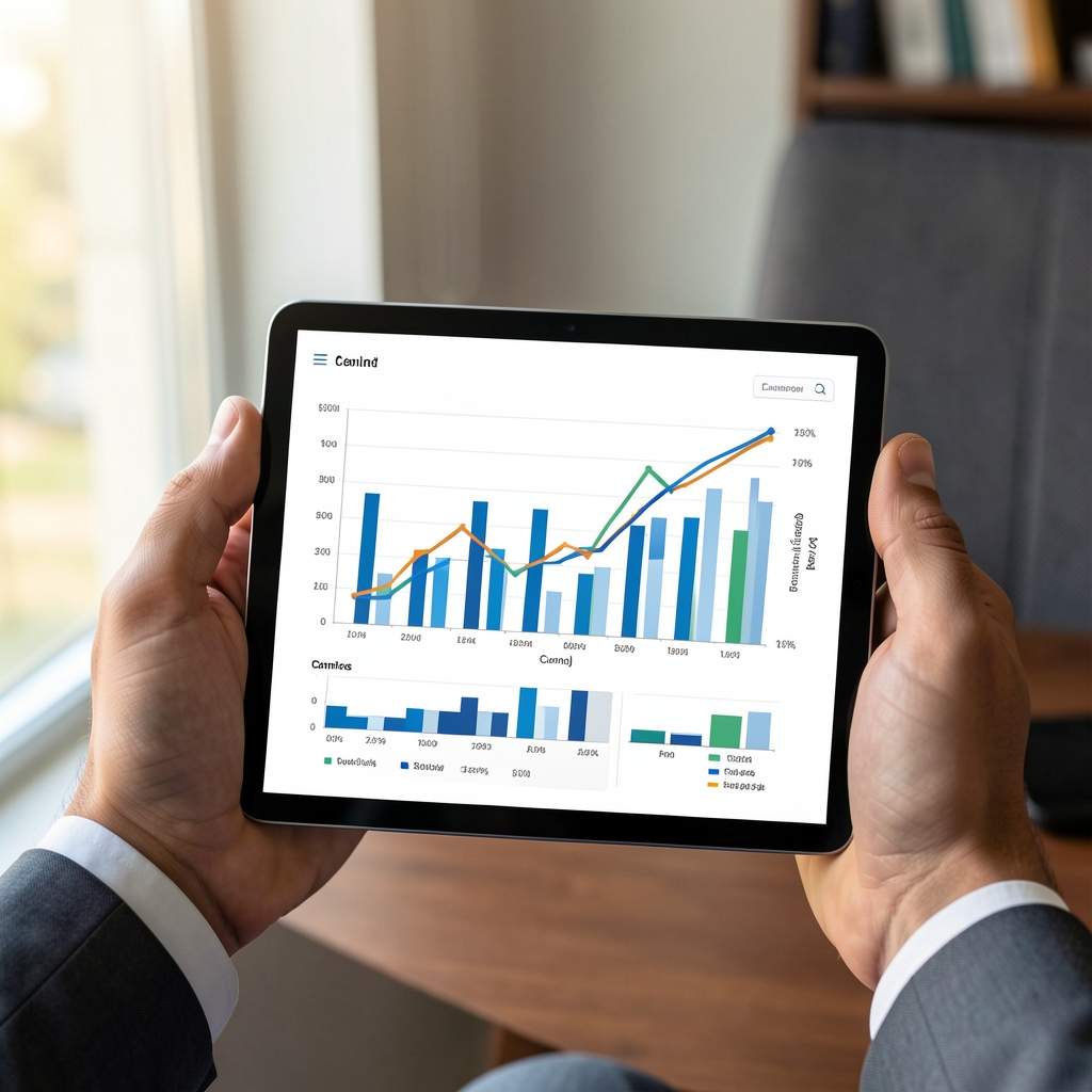 Profesional sosteniendo una tablet con gráficos de barras y líneas que muestran tendencias contables y financieras